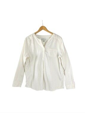 Christopher & Banks Off White Linen Blend Henley Blouse XL Roll Tab Sleeve Top